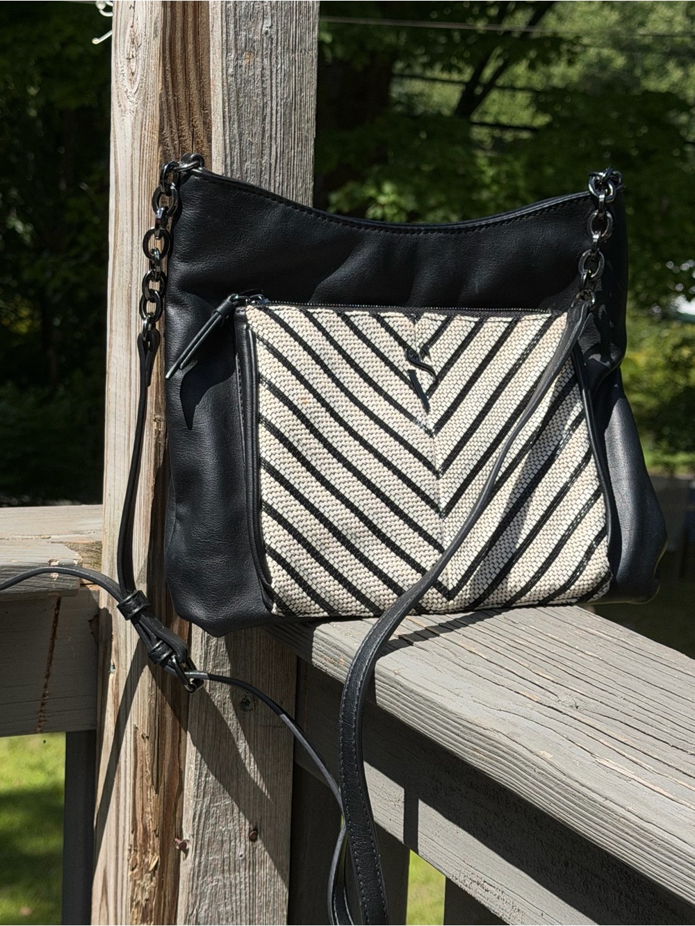 Simply Vera Vera Wang Black Crossbody with Cream & Black Chevron Pattern